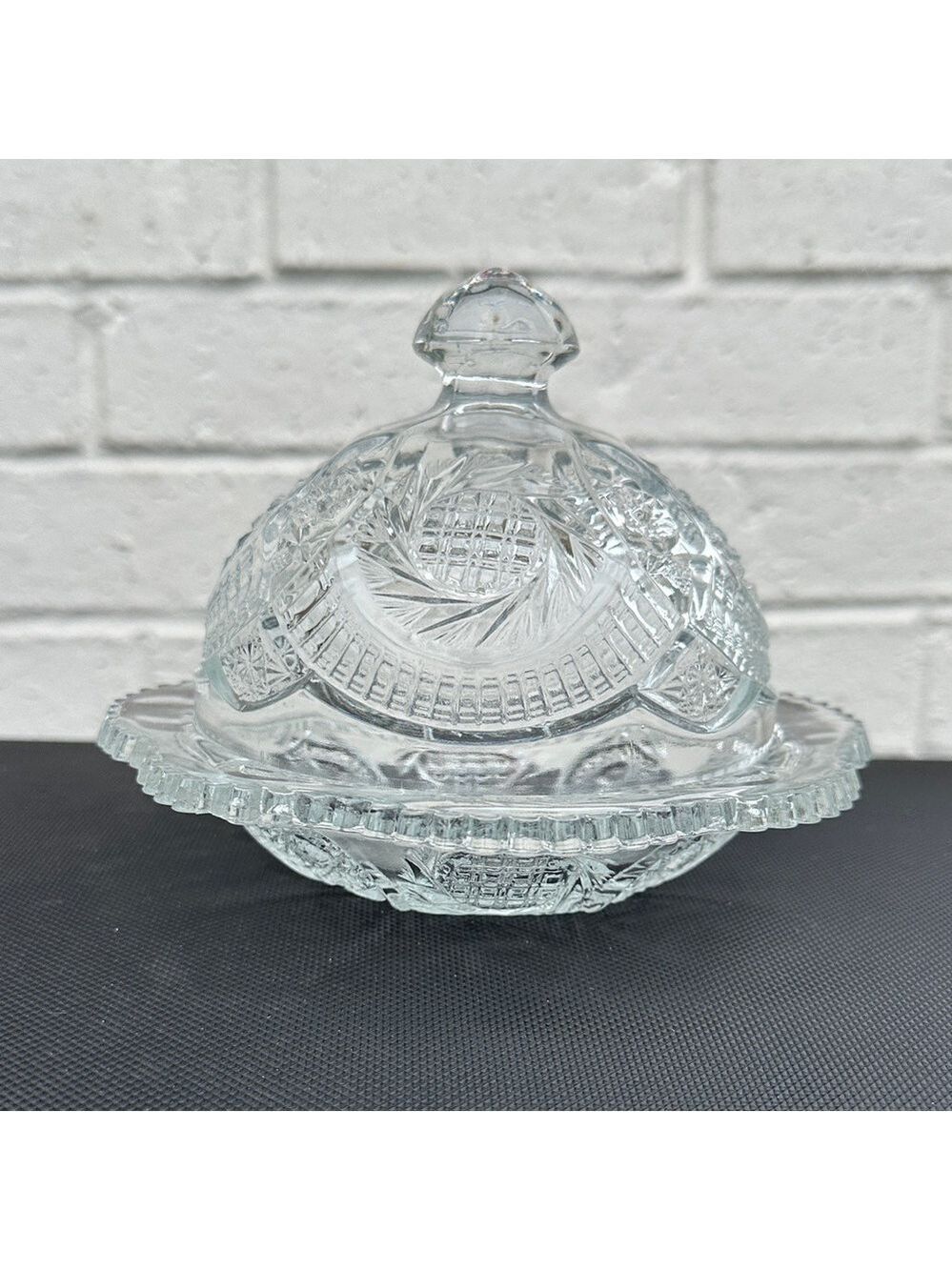 Vintage Elegant Clear Cut Glass Round two-piece Butter Dish with Sawtooth Edge